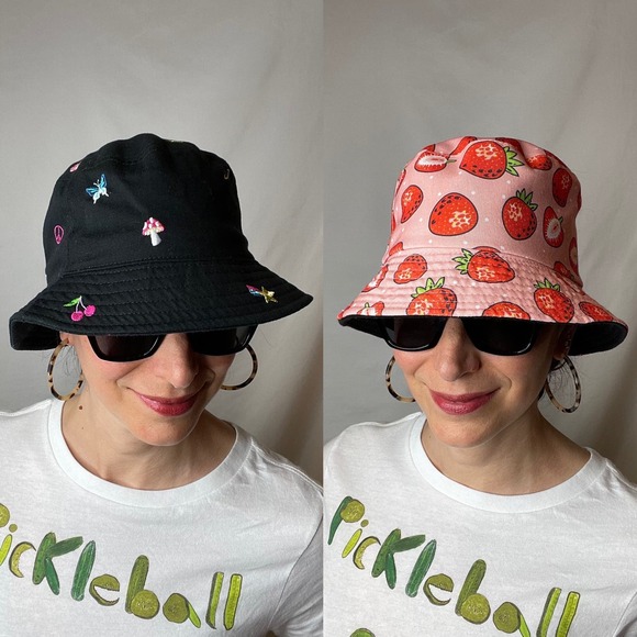 Zumiez Accessories - Bundle of TWO bucket hats strawberry fruit pink and embroidered mushroom black